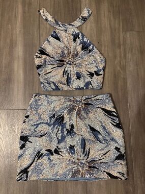 12th Tribe Blue Sequined Floral Mini Skirt Set
Top: medium
Bottom: large